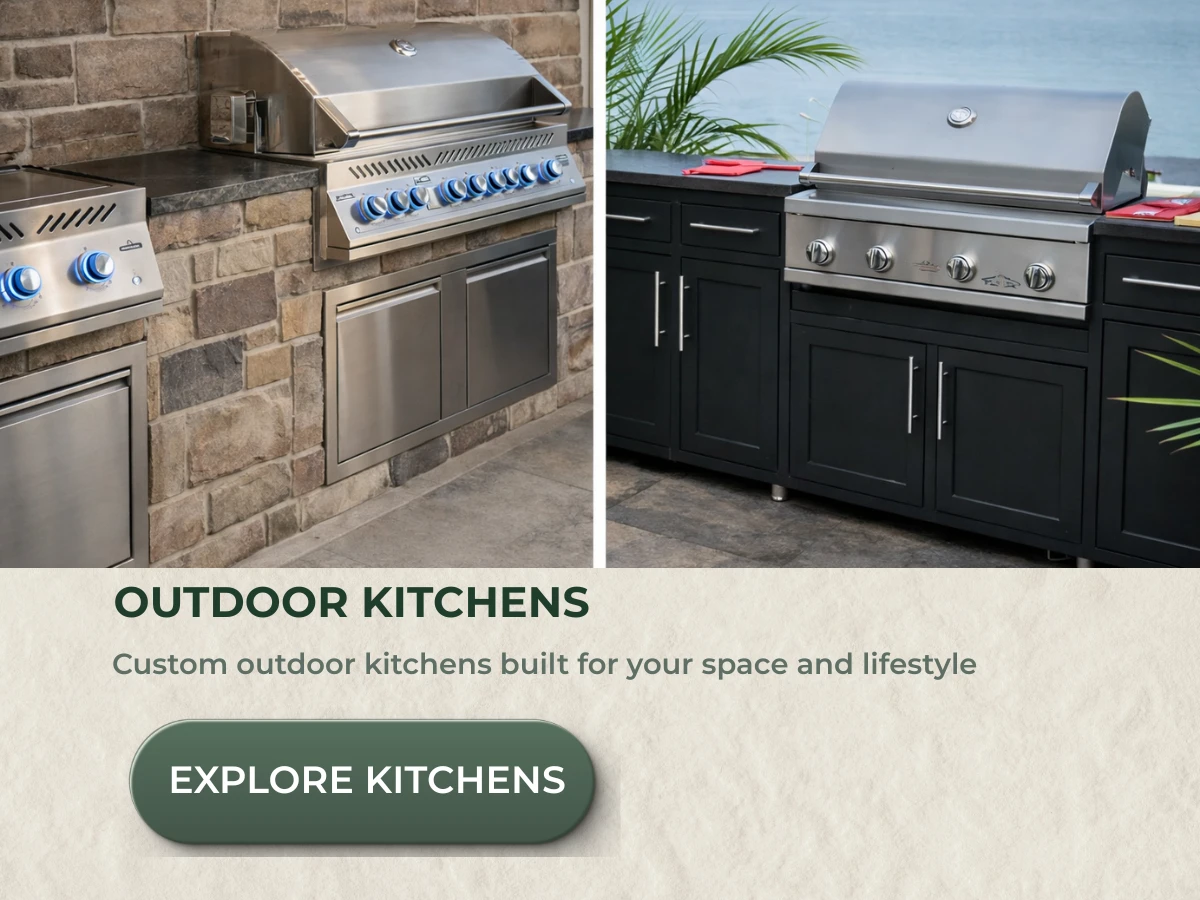 Custom outdoor kitchen with built in grill and stone cabinetry in Connecticut backyard