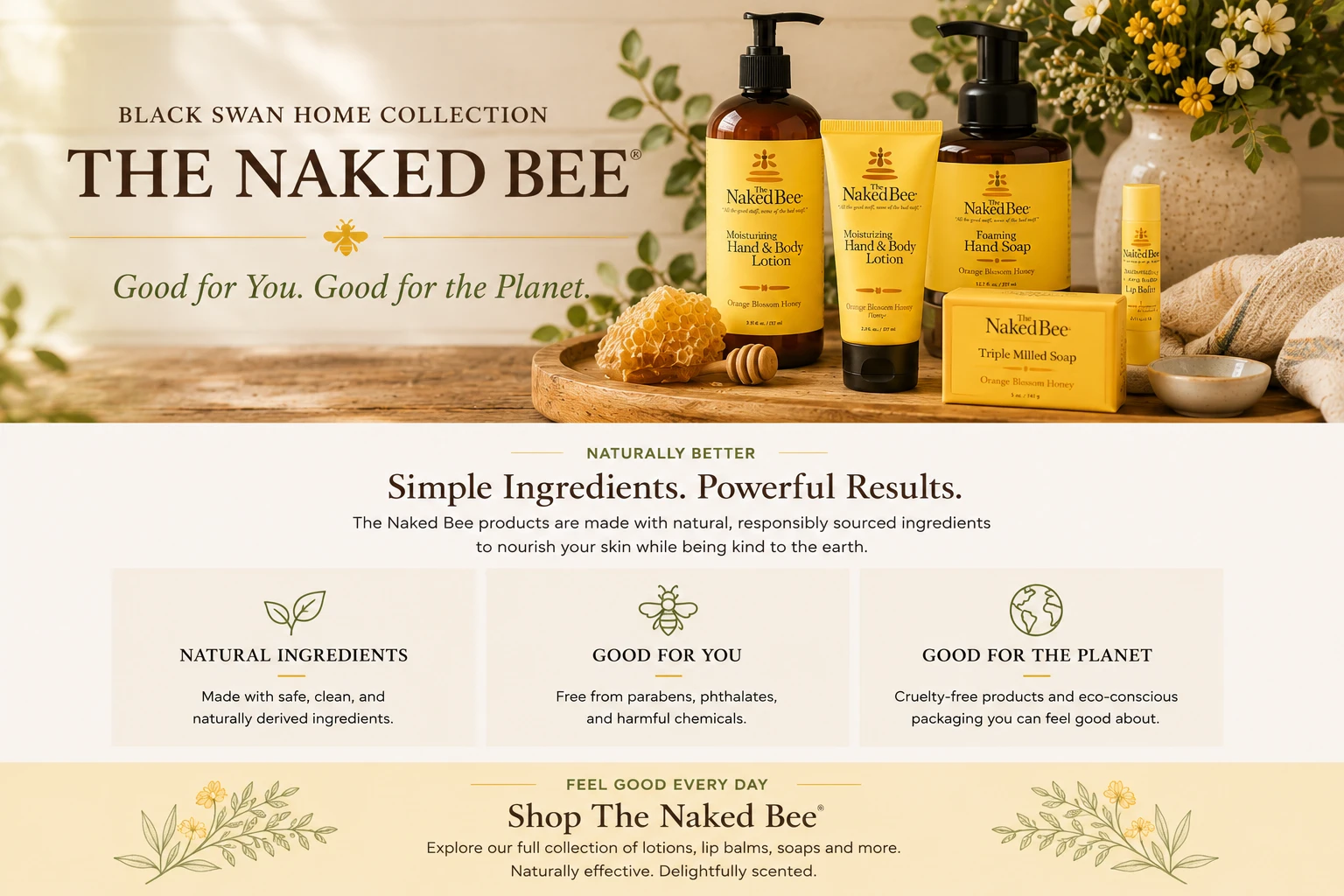 Black Swan Hearth and Home The Naked Bee collection featuring lotions, soaps, lip balms and bath and body products