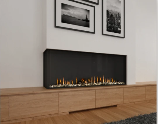 Ortal 170 Left Corner natural gas fireplace with Small Grey Pebbles media