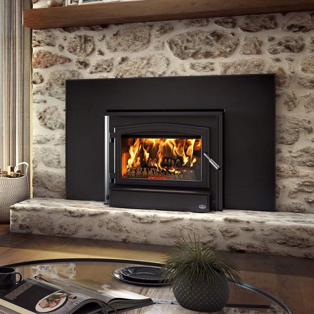 Osburn 3500 black wood fireplace insert with heat-activated blower