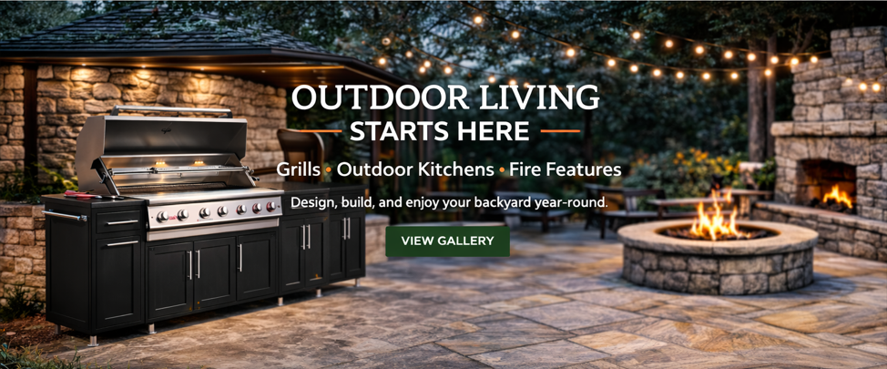 Outdoor living space with built in grill, outdoor kitchen and fire pit in Connecticut showroom
