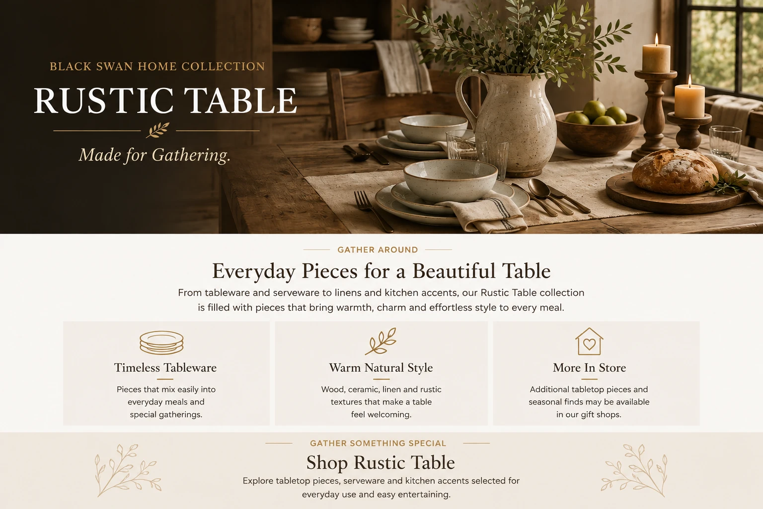 Black Swan Hearth and Home Rustic Table collection featuring tabletop decor, serveware, linens and kitchen accents