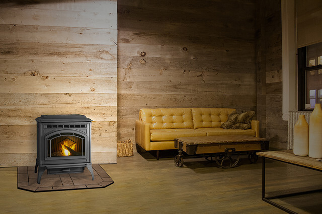 Pellet stove burning in a living room