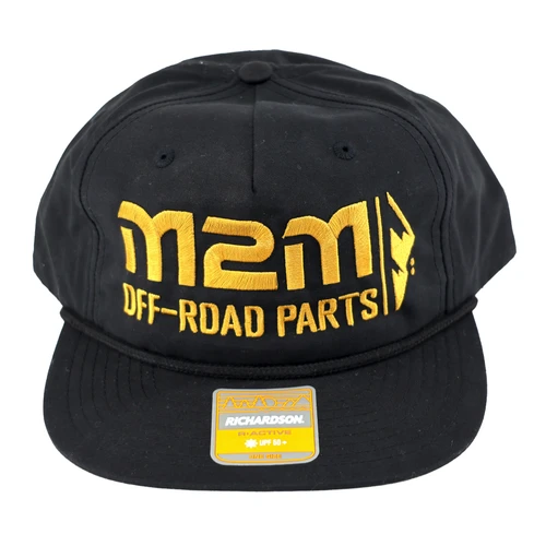 Black hat featuring a bold gold M2M logo. Clean, rugged style with a durable build, perfect for everyday wear or hitting the trails. A must-have for Mountains2Metal fans.