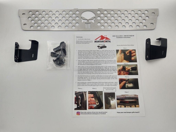 LAST CHANCE SALE PRICE-ITEM TO BE DISCONTINUED Punisher Skull Bumper Grille Insert Brushed SS fits 2015-2019 GMC Sierra 2500 35