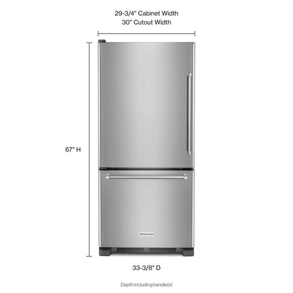 Kitchenaid® 19 cu.ft. 30-Inch Width Full Depth Non Dispense Bottom Mount Refrigerator KRBL109ESS