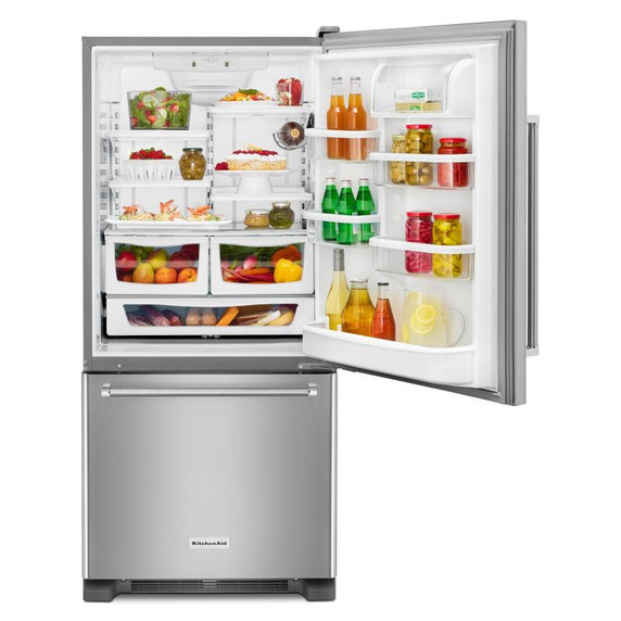 Kitchenaid® 19 cu.ft. 30-Inch Width Full Depth Non Dispense Bottom Mount Refrigerator KRBR109ESS