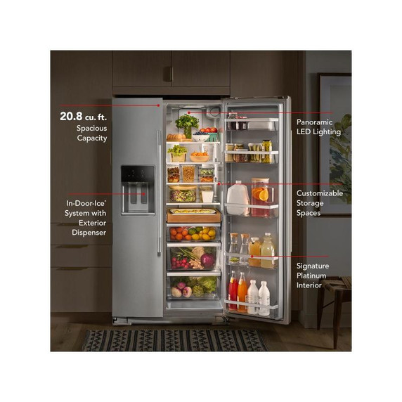 Kitchenaid® 20.8 Cu. Ft. Counter-Depth Side-by-Side Refrigerator with Exterior Ice and Water Dispenser in PrintShield™ Finish KRSC536RPS
