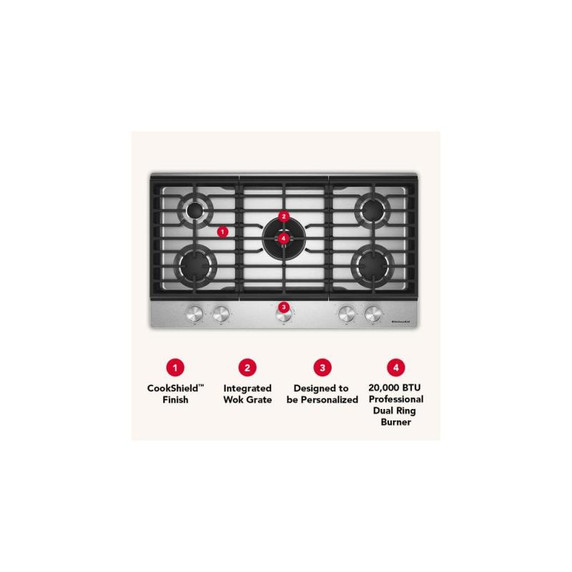 Kitchenaid® Gas-on-Metal Cooktop with an Integrated Wok Grate and CookShield™ Finish KCGK736SJP