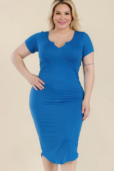 Plus Size Split Neck Bodycon Midi Dress-42264