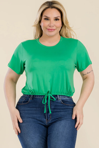 Plus Size Tie Front Drawstring Short Sleeve Crop Top-42259