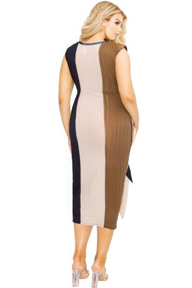 Plus knitted sleeveless colorblock waist tie dress-44564