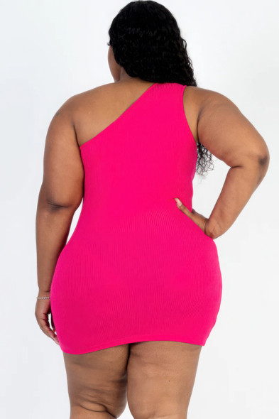 Plus Size Ribbed One Shoulder Cutout Front Casual Mini Bodycon Dress-44714