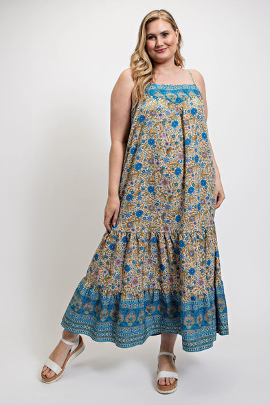 Floral And Aztec Print Drop Down Maxi Dress With Spaghetti Strap-43860