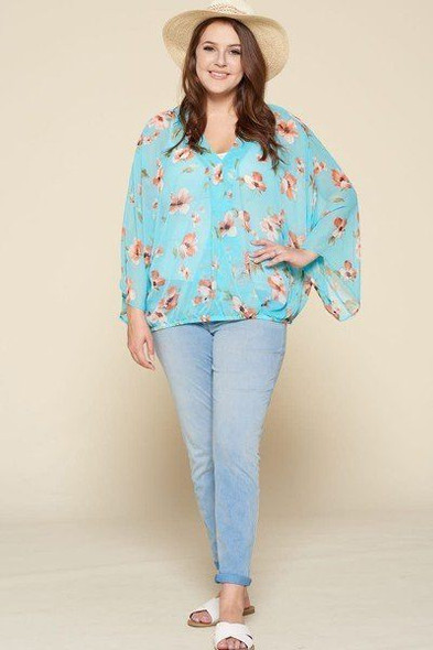 Plus Size Floral Chiffon Sheer Surplice Top-30564 Plus Size Floral Chiffon Sheer Surplice Top-30564