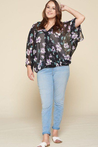Plus Size Floral Chiffon Sheer Surplice Top-30563