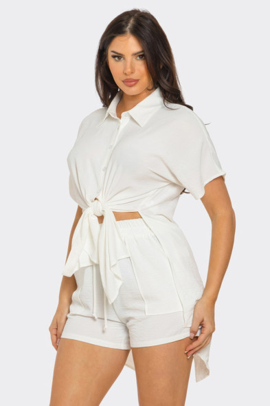 Front Tie Back Oversized Slit Top And Shorts Set       -48825