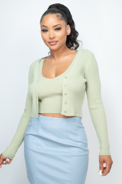 Crop Tank Top & Cardigan Sweater Set-47524