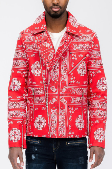 Bandana Print Vegan Leather Jacket-45602