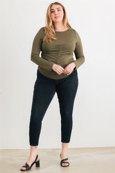 Plus Olive Ruched Long Sleeve Top-42541