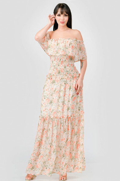 Floral Chiffon Off Shoulder Smocked Back Ruffled Tiered Maxi Dress-43725