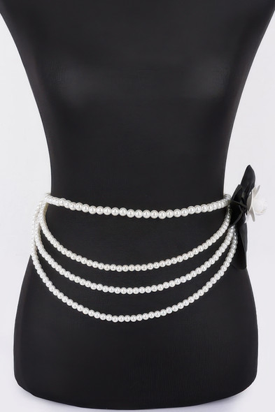 Layered Faux Pearl Flower Ribbon Belt-50950