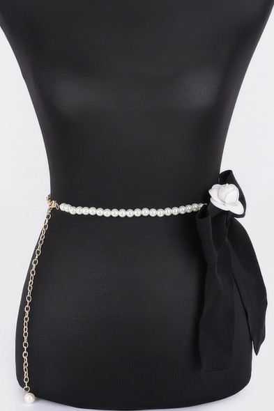 Flower Ribbon Faux Pearl Belt-50932