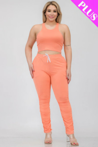 Plus Size Crop Tank Top & Ruched Pants Set-44275 Plus Size Crop Tank Top & Ruched Pants Set-44275