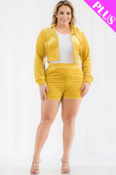 Plus Size Velour Crop Zip Up Hoodie And Shorts Set-44059 Plus Size Velour Crop Zip Up Hoodie And Shorts Set-44059
