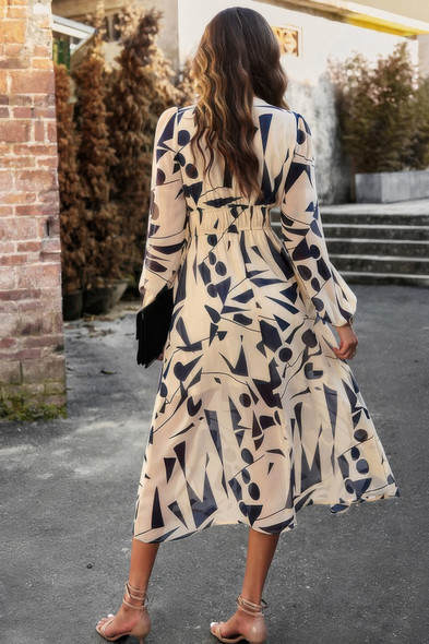 Boho V Neck A Line High Waist Long Sleeve Dress-49337