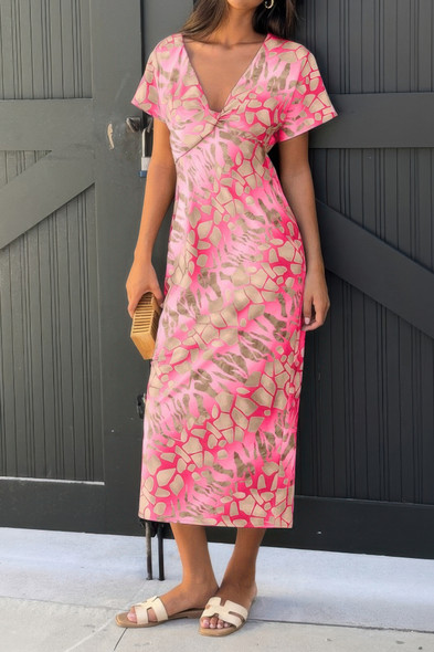 Geometric Print Twist Design Short Sleeve Fit Dress-49272