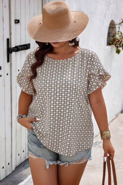 Round Neck Allover Print Ruffle Sleeves Loose Top-50598 Round Neck Allover Print Ruffle Sleeves Loose Top-50598