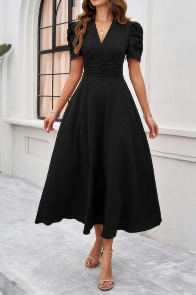 V Neck Solid Puff Sleeves Fit Full Dress-49080