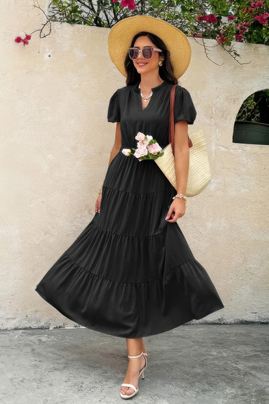 Solid V Neck Color Block Elastic Waist Dress-48760