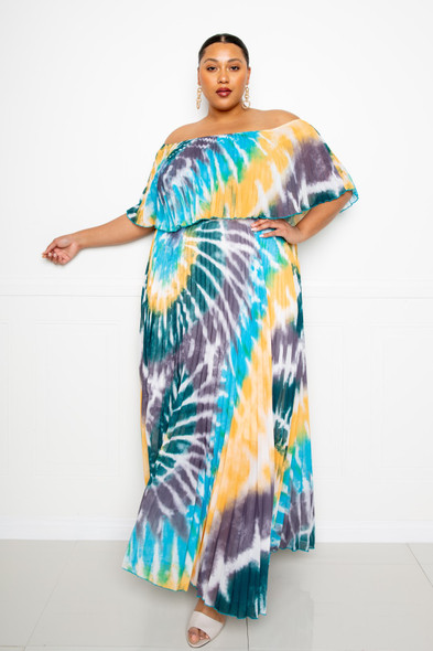 Tie Dye Off Shoulder Pleated Maxi Dress-36182 Tie Dye Off Shoulder Pleated Maxi Dress-36182