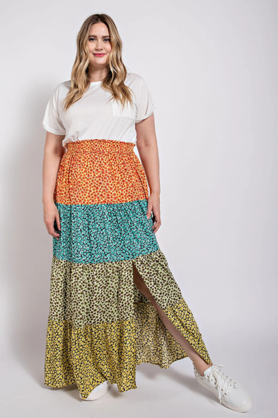 Ditsy floral color block skirt with front slit-44807