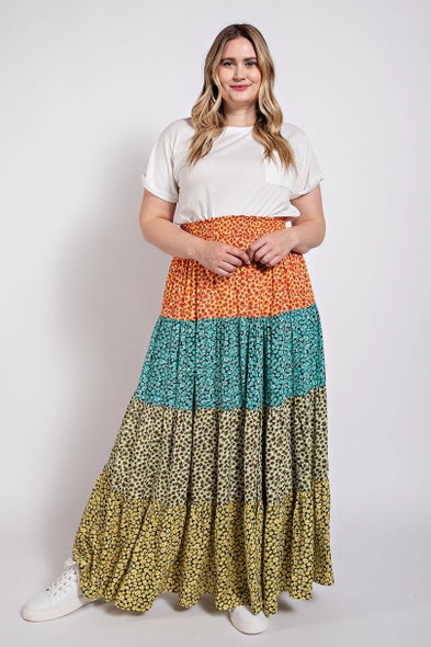 Ditsy floral color block skirt with front slit-44807