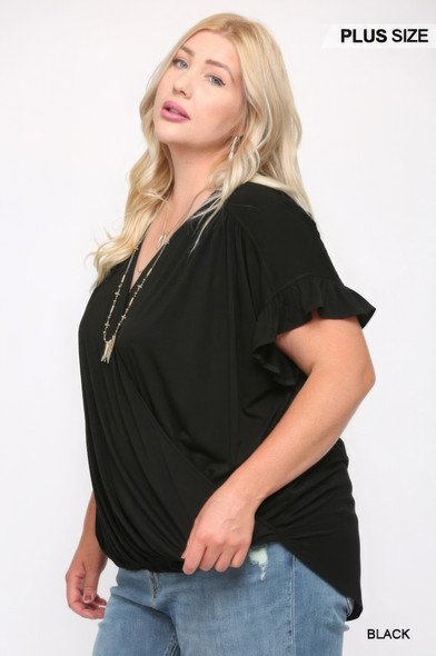 Solid Viscose Knit Surplice Top With Ruffle Sleeve-40219