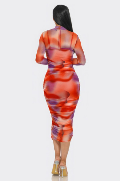 Summer Heat Print Mesh Ruched Midi Dress-44008