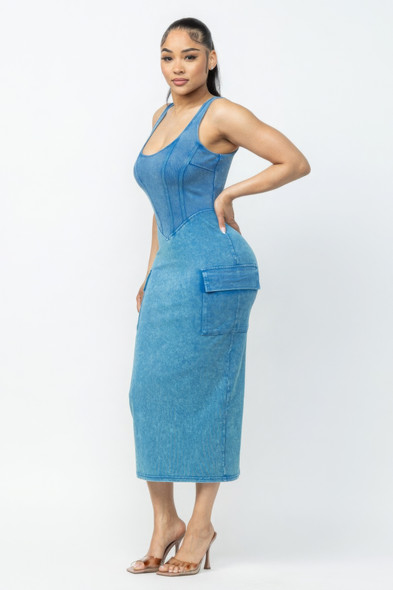 Acid Washed Cargo Midi Dress-44002