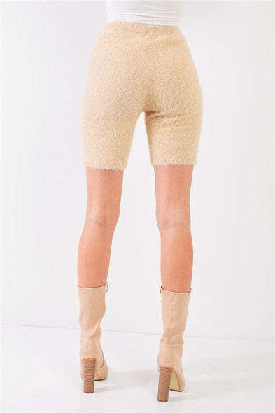 Oatmeal Beige Knit High Waist Stretchy Warm Fuzzy Biker Shorts-36690