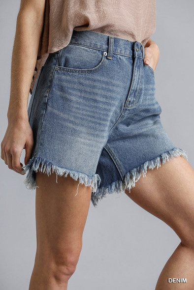 High Rise Denim Shorts With Raw Hem-35194