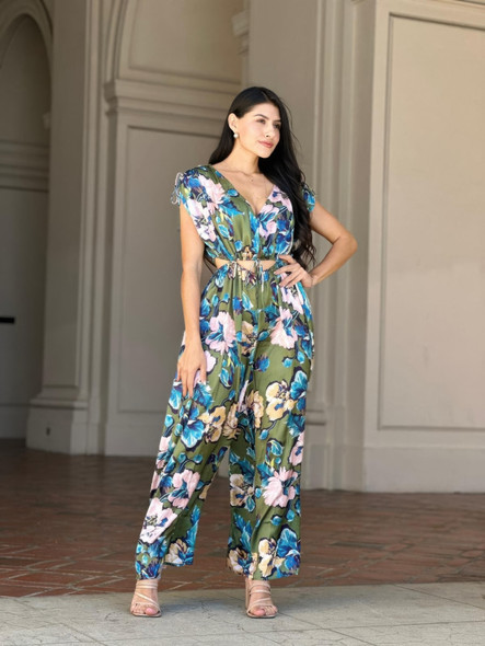 Satin Floral Cut Out Straight Leg Jumpsuit-54053