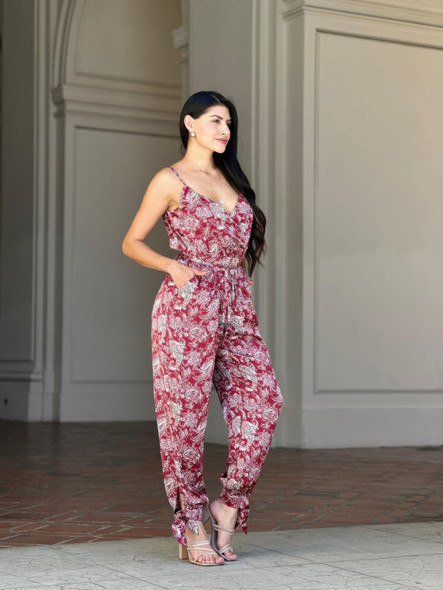 V Neck Sleeveless Paisley Jumpsuit With Tie Waist-54051