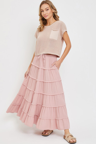 Cotton Gauze Tiered Maxi Skirt-47546