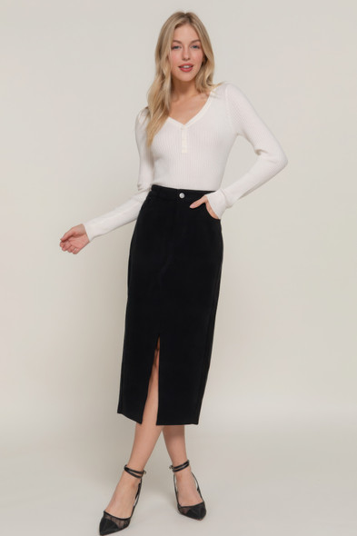 Front Open Slit Corduroy Midi Skirt        -44855