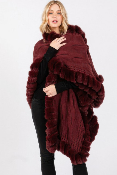 Faux Fur Collar And Trim Cape With Closure-51388