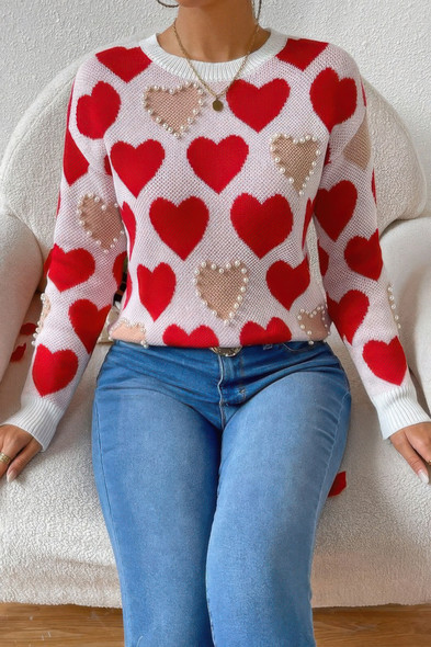 Round Neck Heart Shape Pearl Beads Knit Sweater-50641