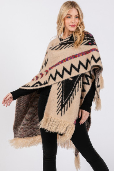 Fuzzy Aztec Pattern Tassel Knit Ruana-48369