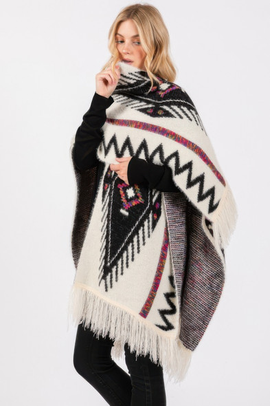 Fuzzy Aztec Pattern Tassel Knit Ruana-48369